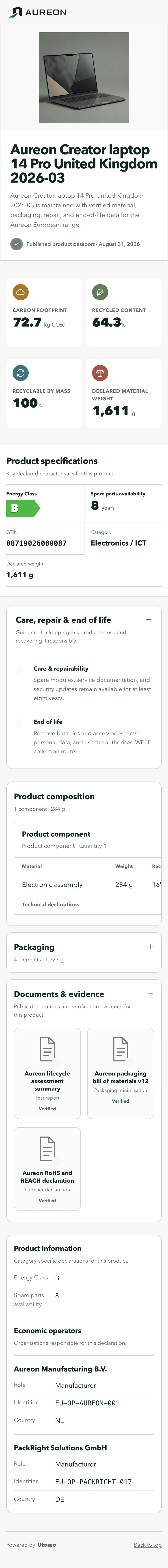 Digital Product Passport software, connected to your product data: Aureon Creator laptop 14 Pro United Kingdom 2026-03